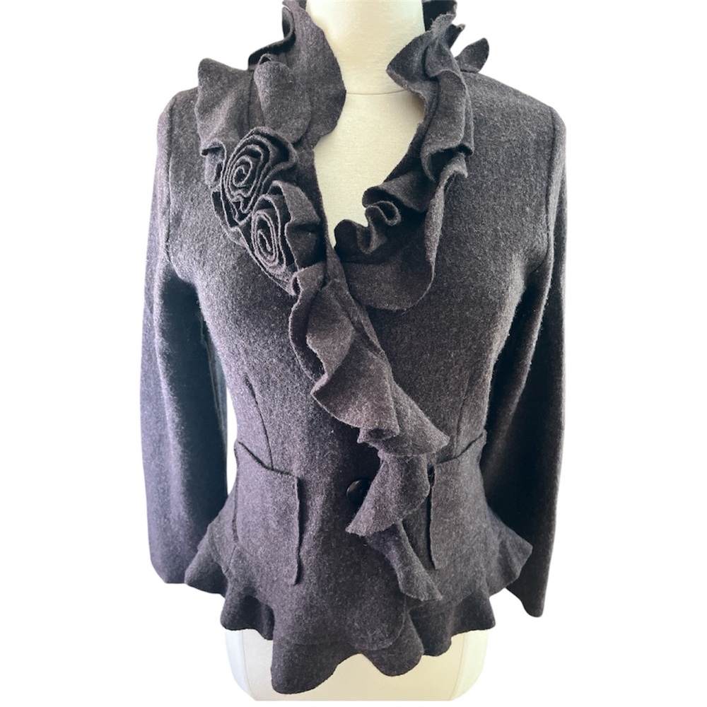 Susan Bristol Boho Y2K Brown Ruffled Wool Cardigan ruffle detail buttons Size M